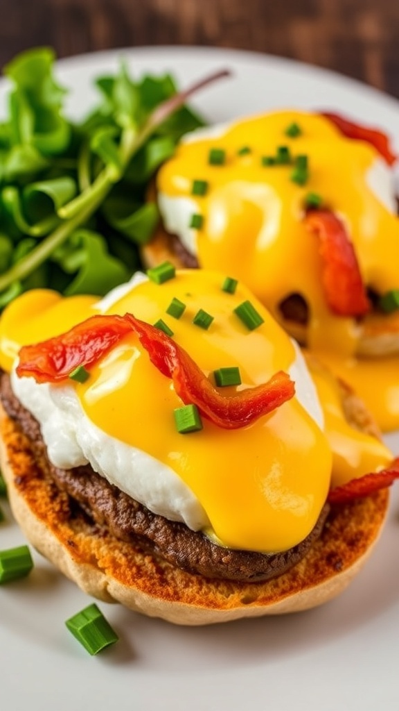 Eggs Benedict with poached eggs, Canadian bacon, and hollandaise sauce on English muffins, garnished with chives.